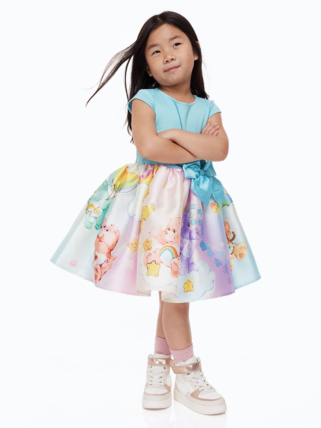 

H&M Girls Bear Printed Bow-Detail Dress, Turquoise blue