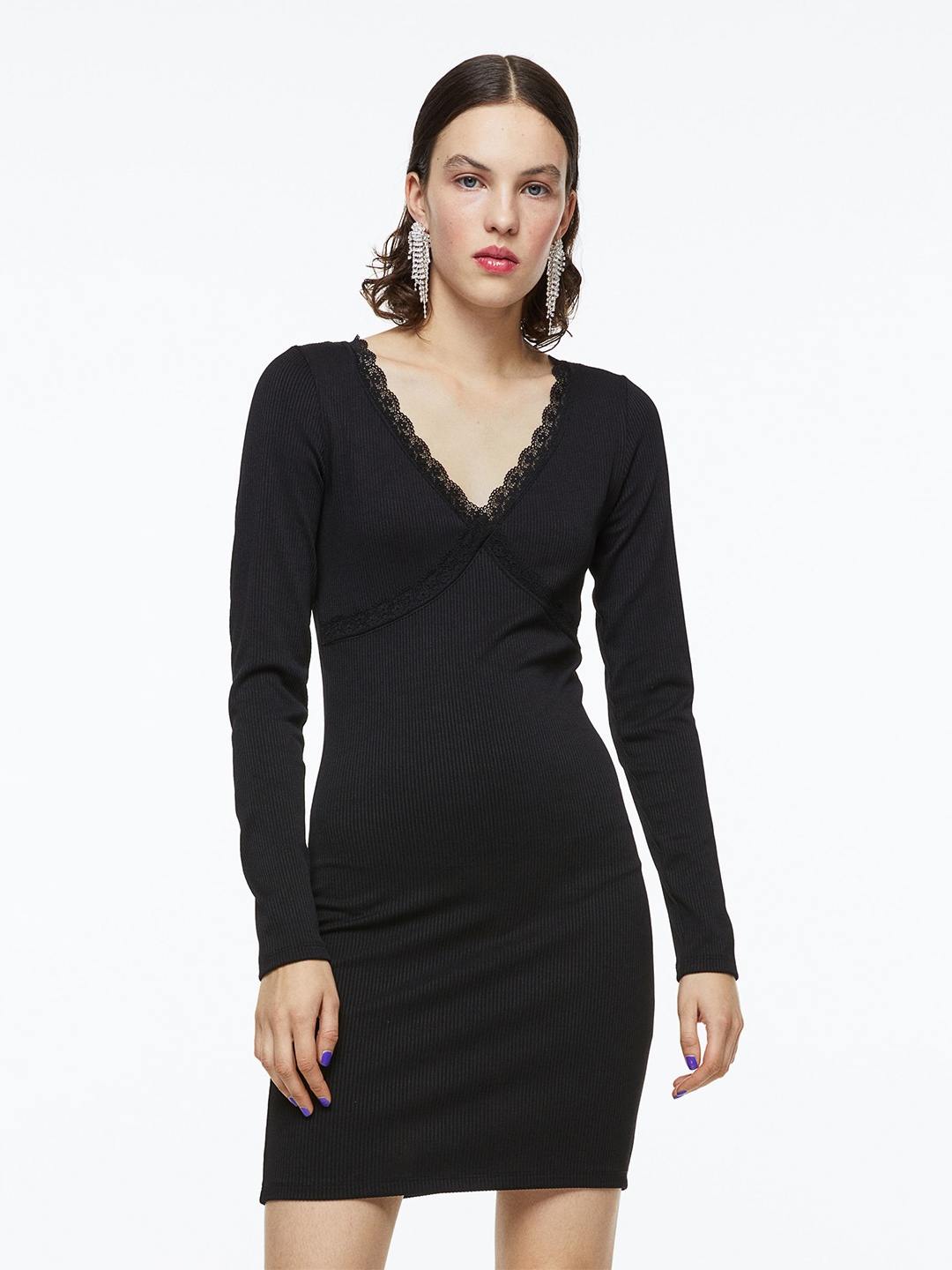 

H&M Lace-trimmed Ribbed Dress, Black