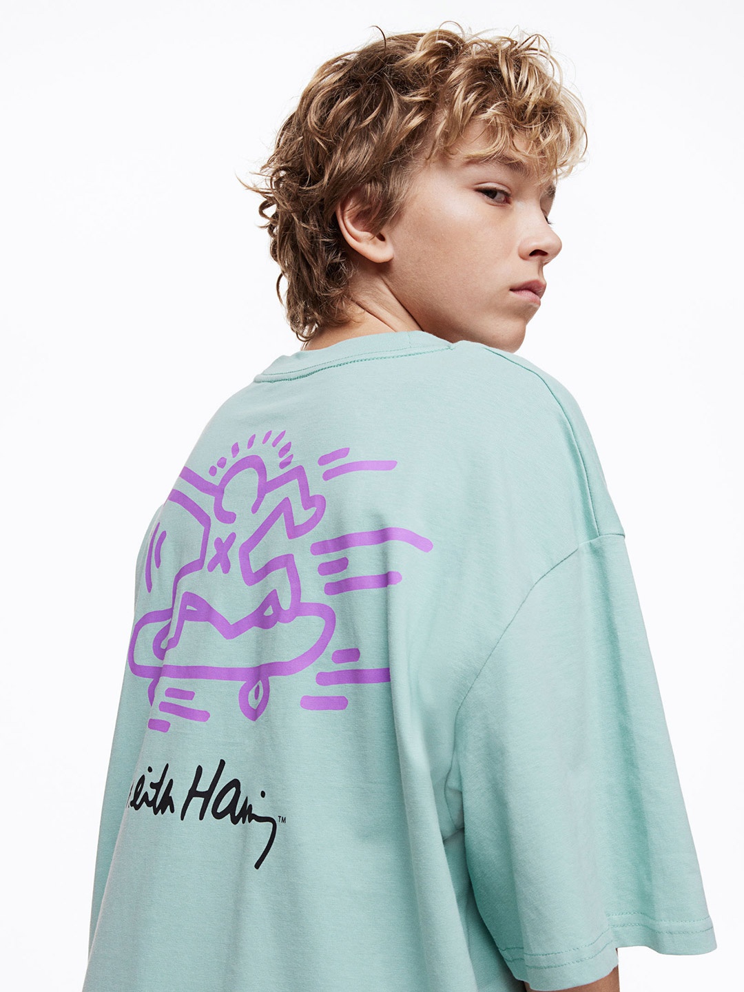 

H&M Boys Oversized Printed Cotton T-shirt, Turquoise blue