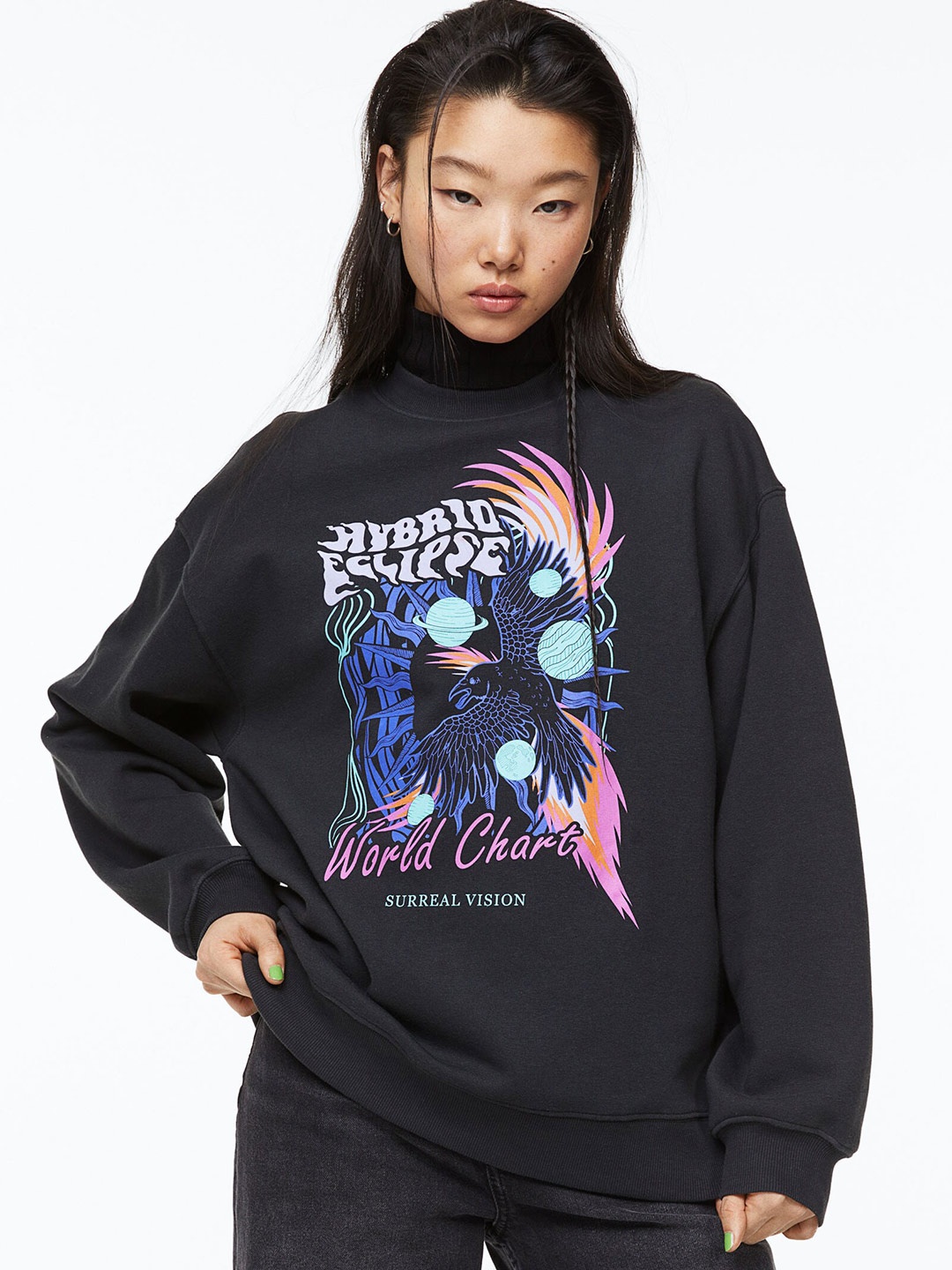 

H&M Women Printed Sweatshirt, Black