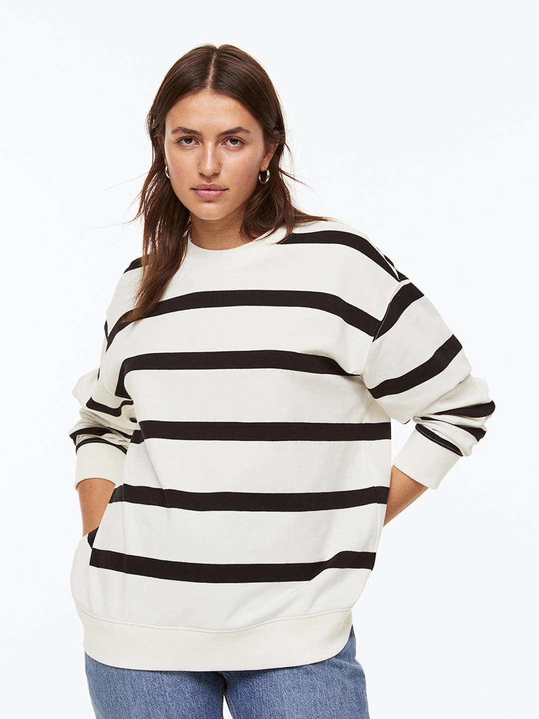 

H&M Women Striped Sweatshirt, White