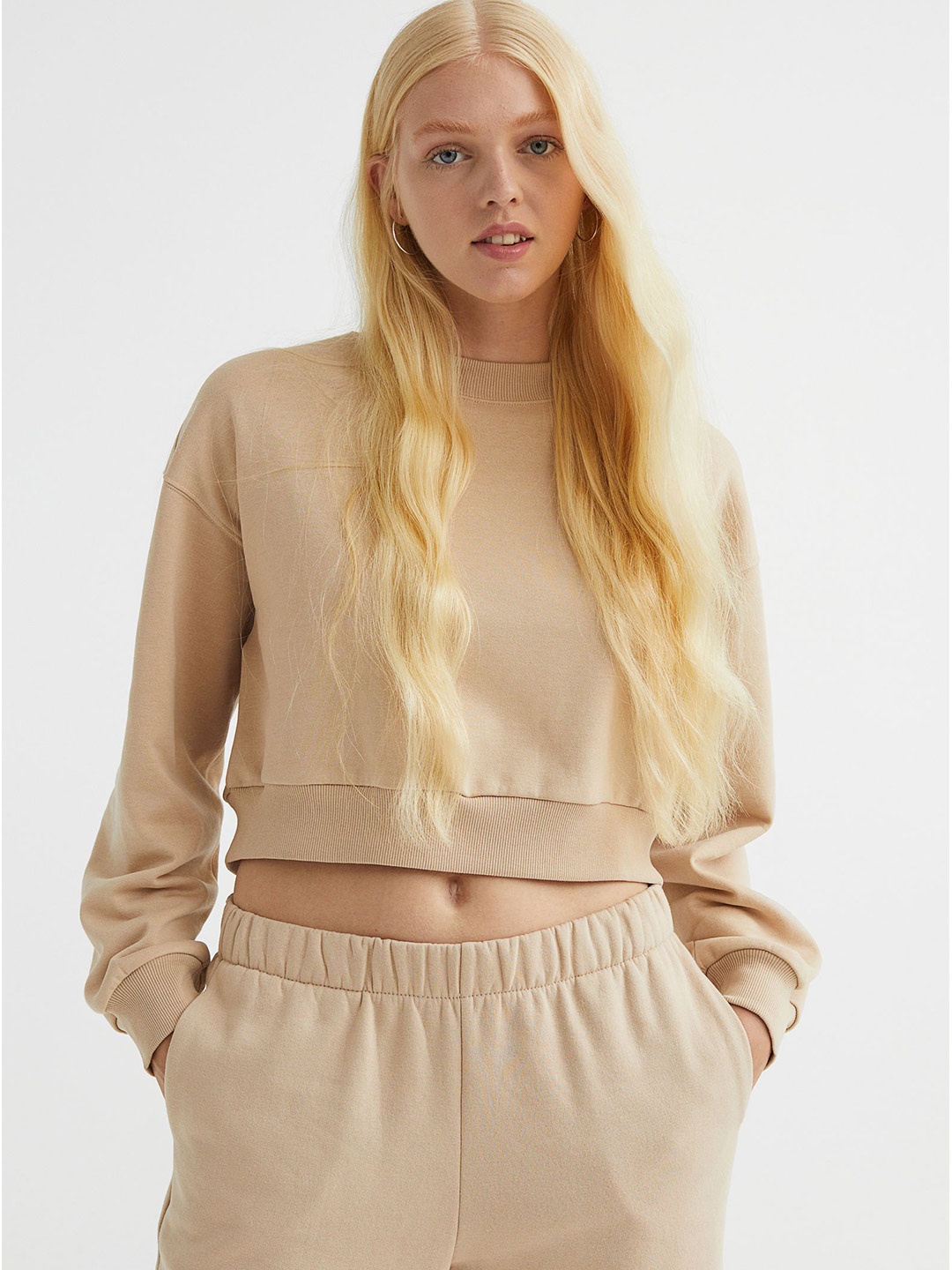 

H&M Women Cropped Sweatshirt, Beige
