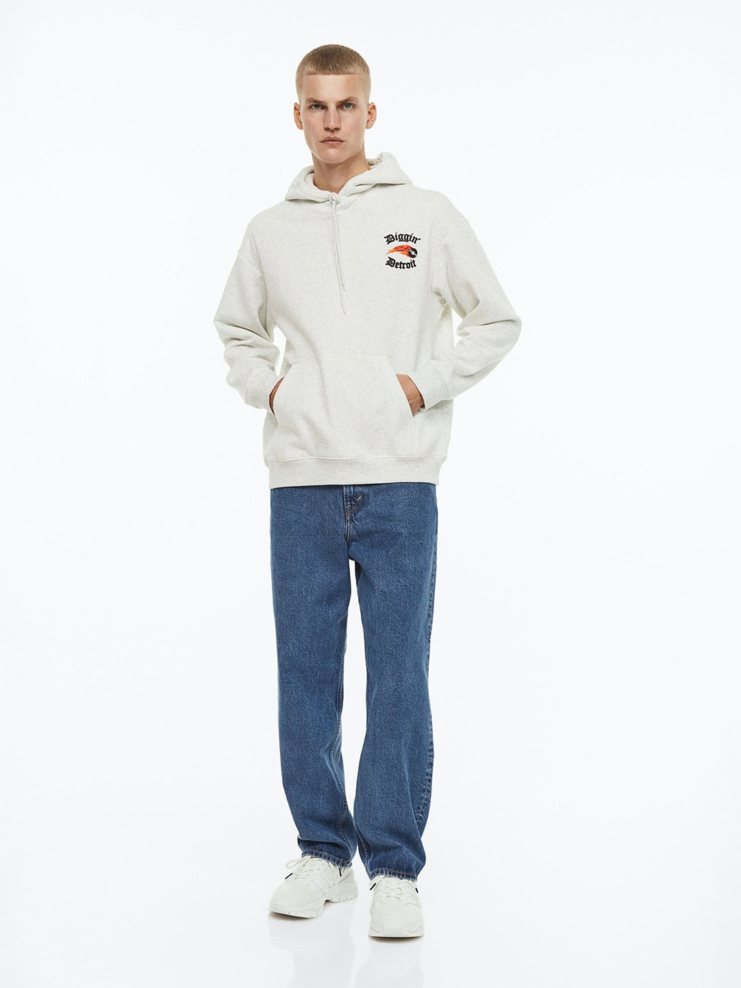 

H&M Men Printed Relaxed Fit Hoodie, Grey melange
