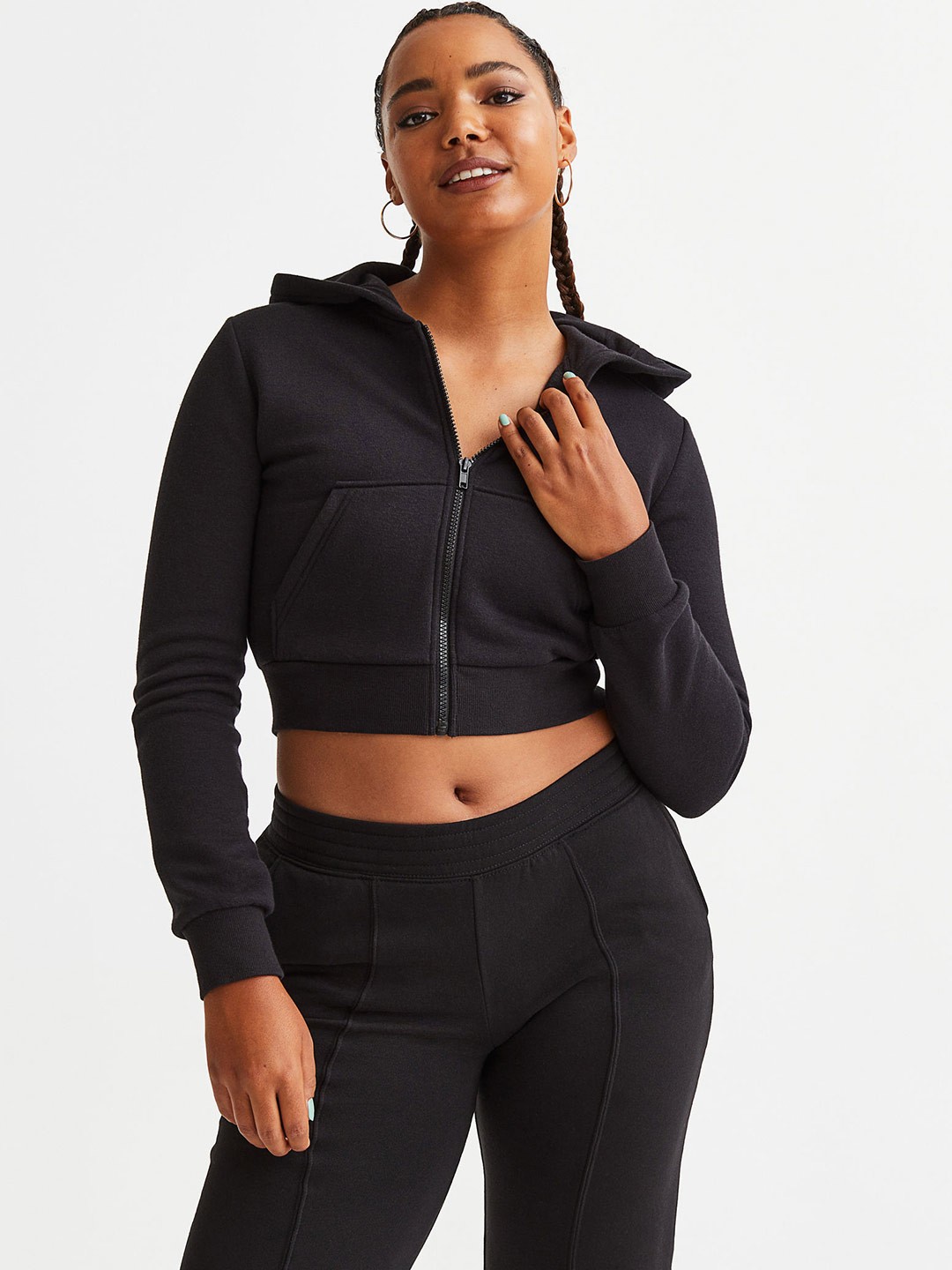 

H&M Women Cropped Zip-through Hoodie, Black