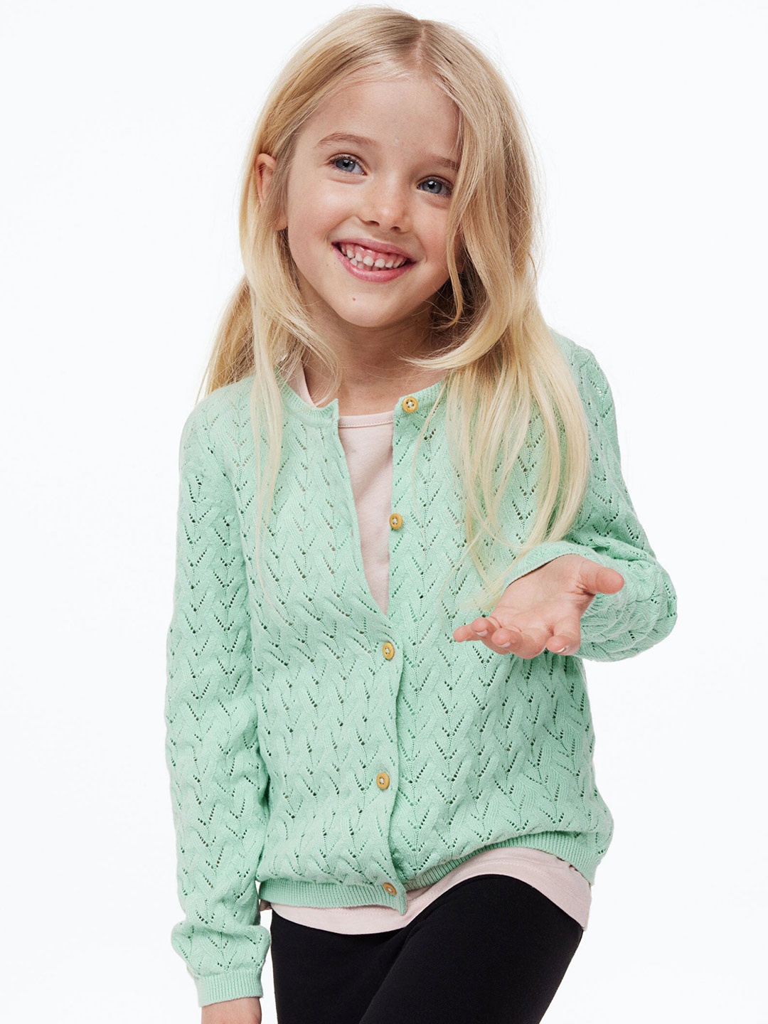 

H&M Girls Textured-knit Cotton Cardigan, Green