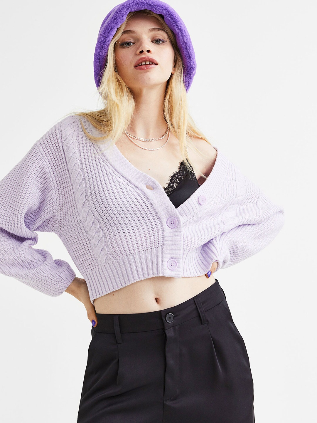 

H&M Women Knitted Acrylic Cropped Cardigan, Purple