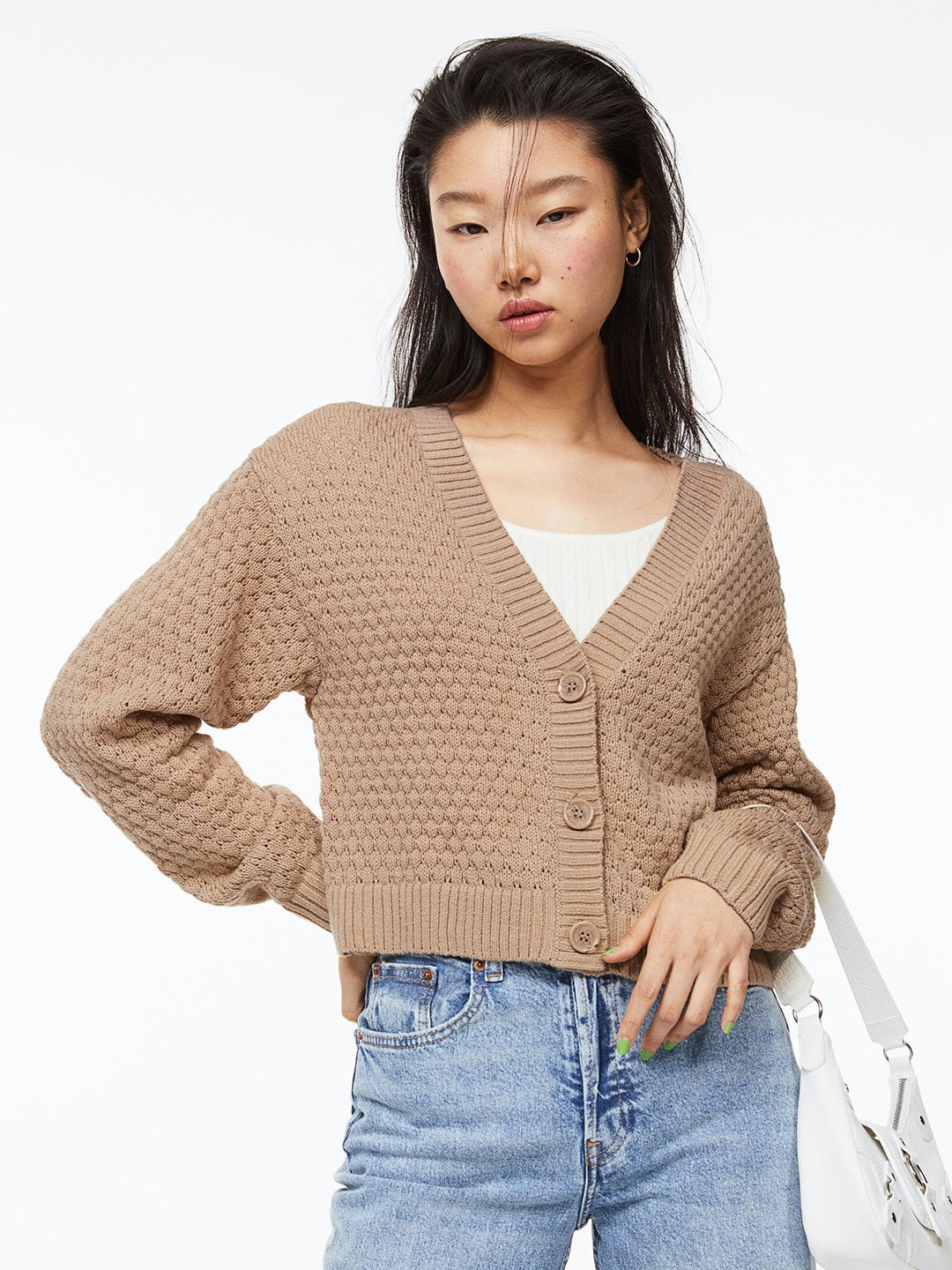 

H&M Women Pointelle Knit Acrylic Cardigan, Beige