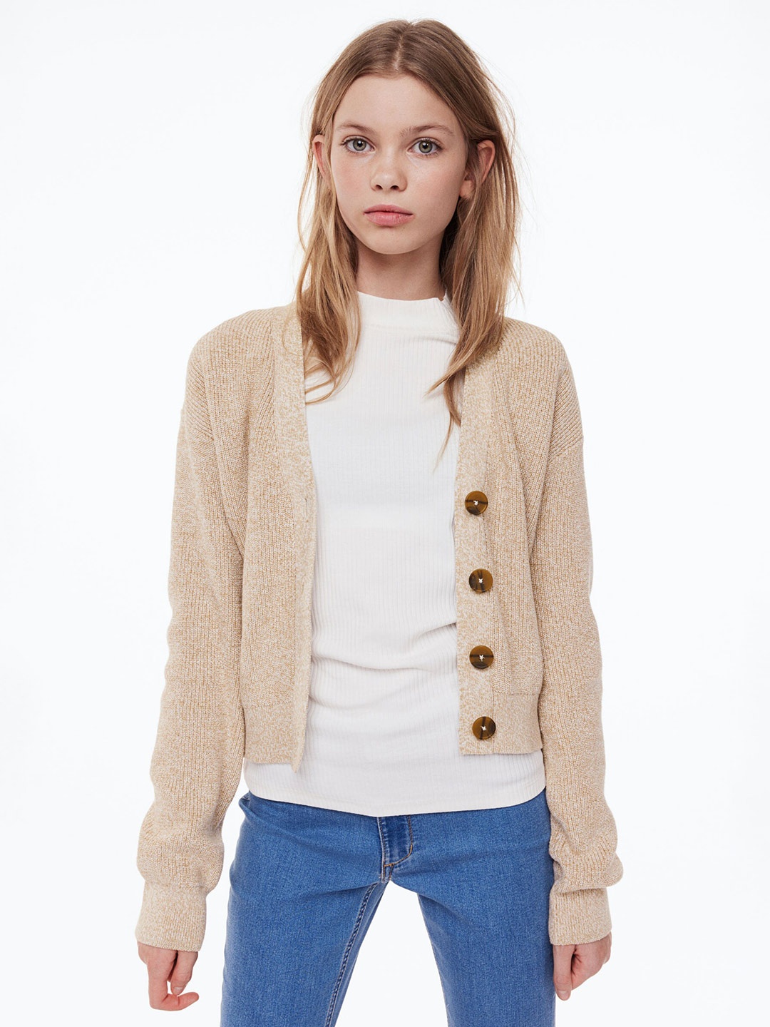 

H&M Girls Rib-knit Cotton Cardigan, Beige