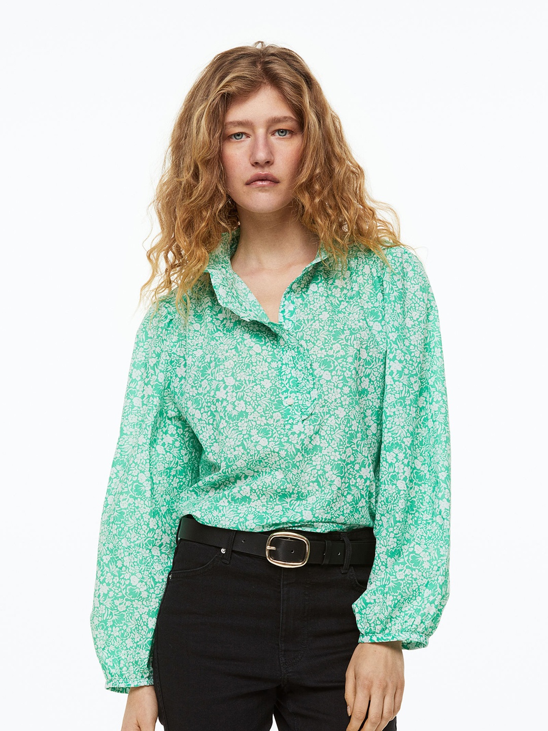

H&M Women Frill-Trimmed Blouse, Green