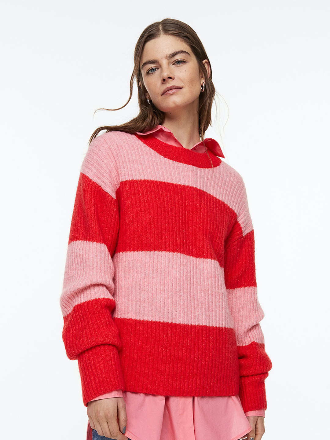 

H&M Women Striped Rib-knit Jumper, Red