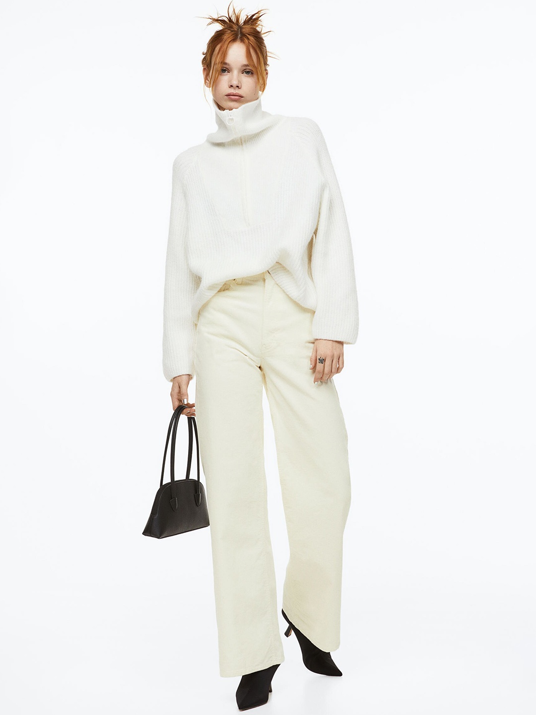 H&M Women Wide Corduroy Trousers, White