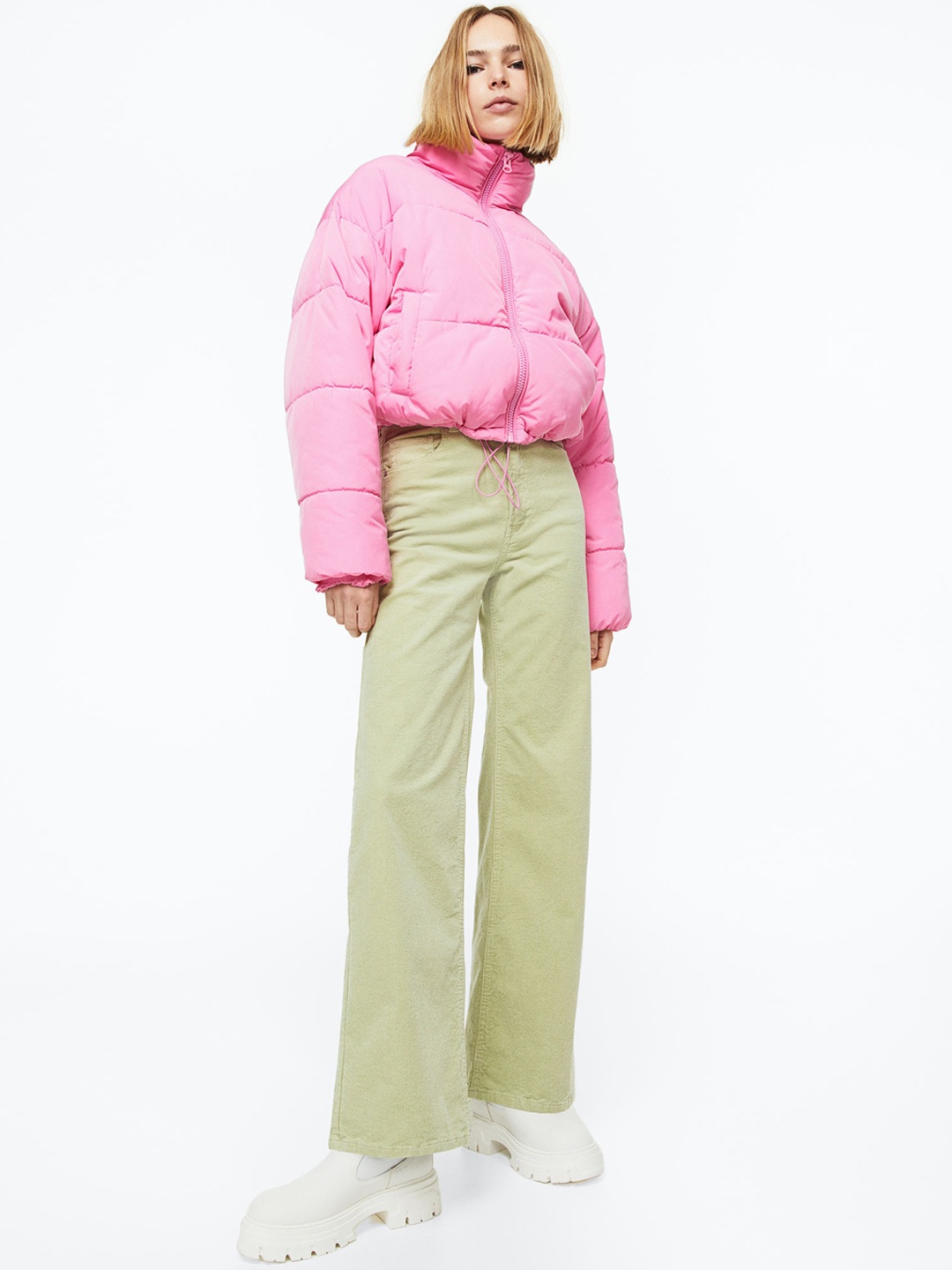 

H&M Women Wide Corduroy Trousers, Green
