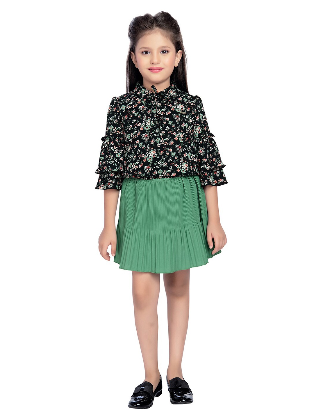 

Tiny Baby Girls Printed Top with Skirt, Green