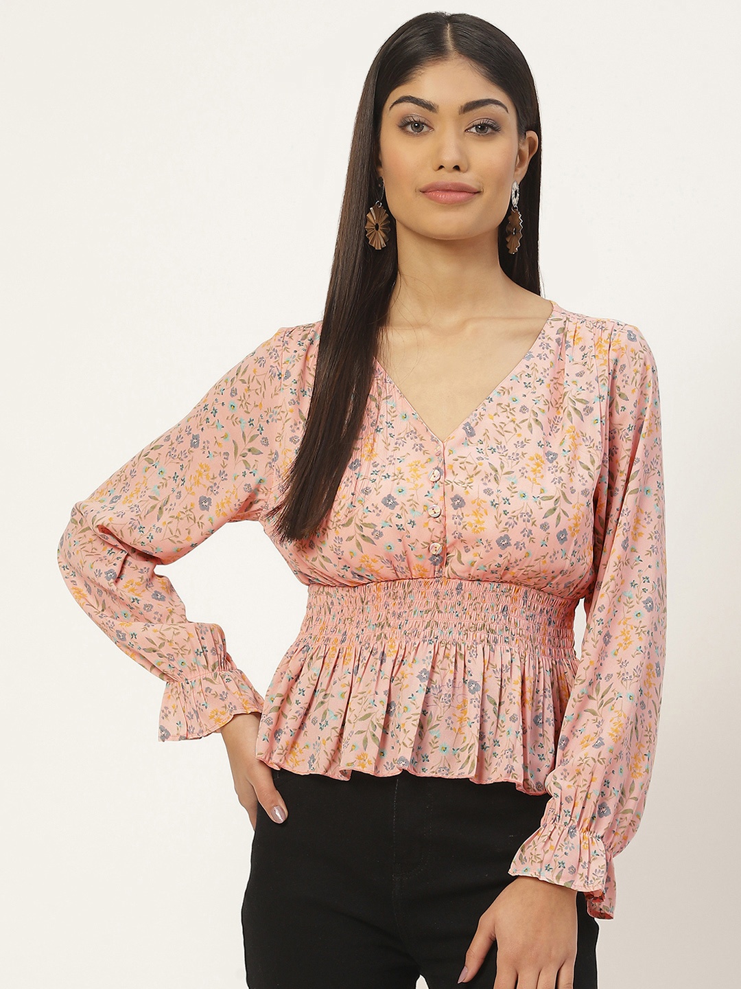 

Slenor Floral Print Smocked Georgette Peplum Top, Multi