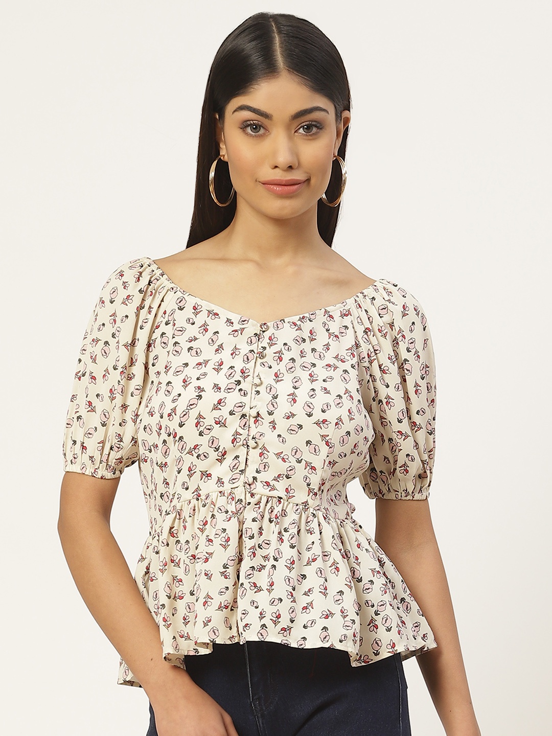 

Slenor Floral Print Sweetheart Neck Puff Sleeves Georgette Peplum Top, Off white