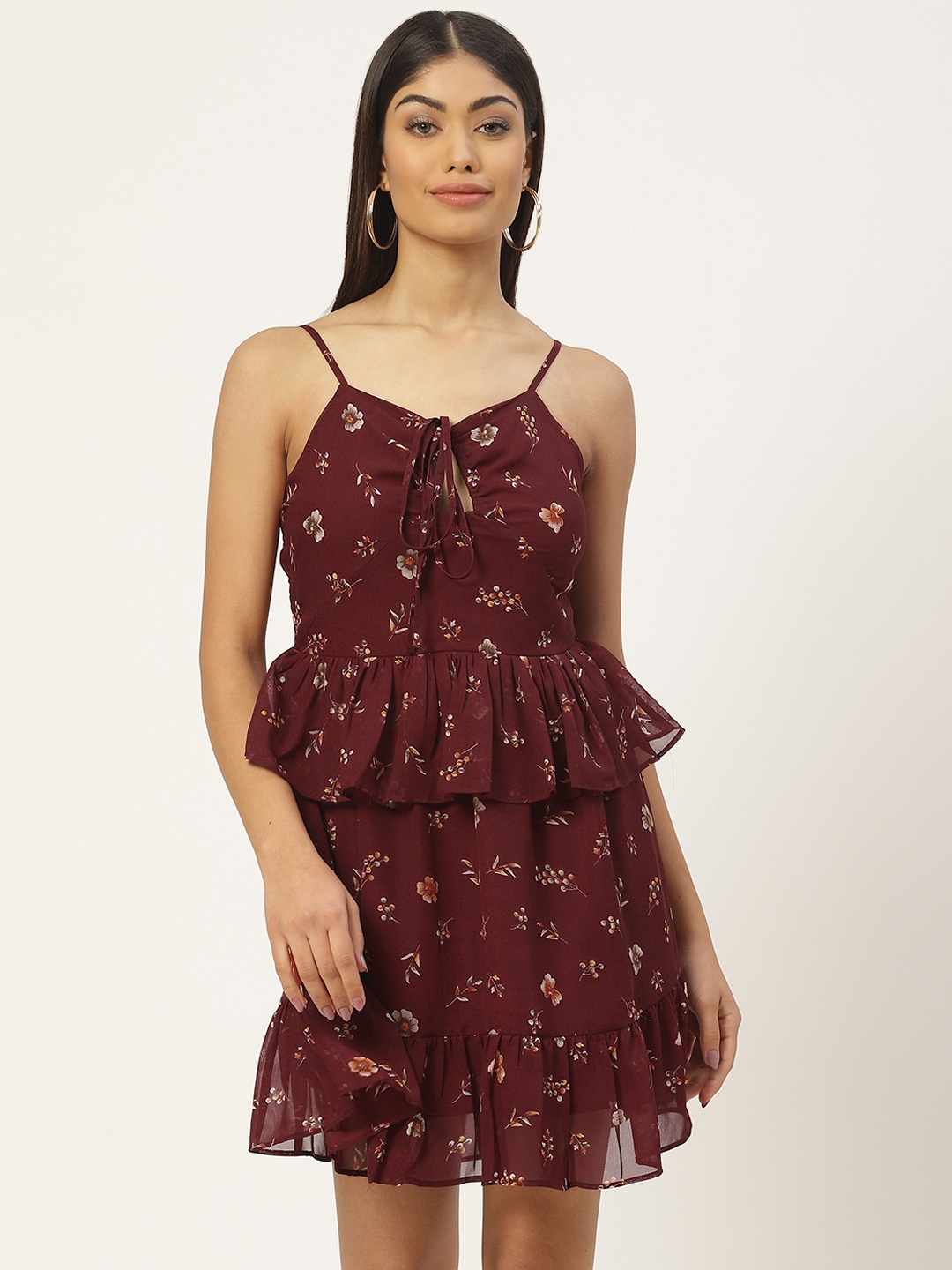 

Slenor Floral Layered Georgette A-Line Mini Dress, Maroon