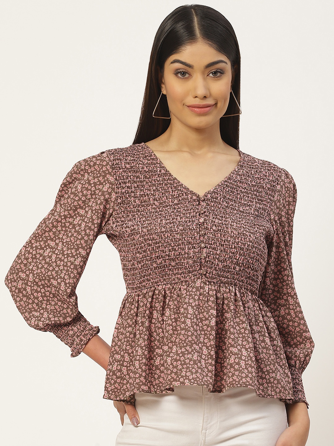 

Slenor Floral Print Smocked Georgette Peplum Top, Multi