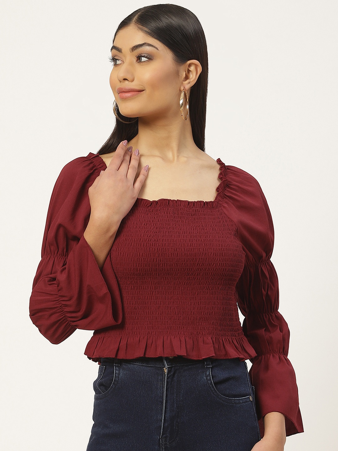 

Slenor Smocked Crepe Peplum Top, Maroon