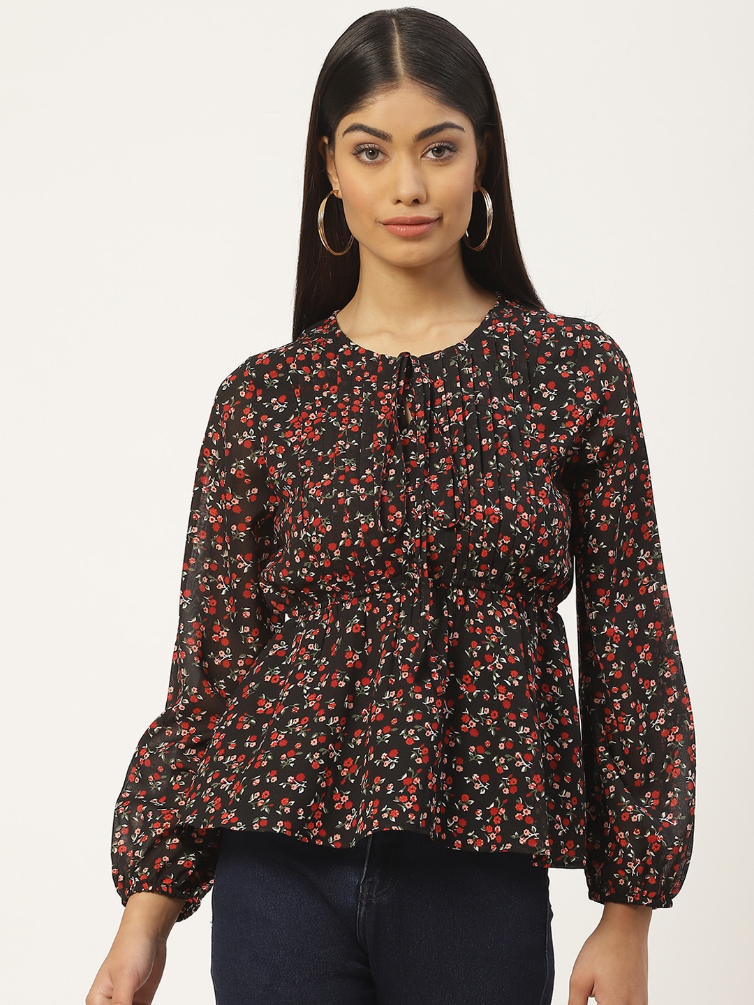 

Slenor Floral Print Tie-Up Neck Georgette Peplum Top, Multi