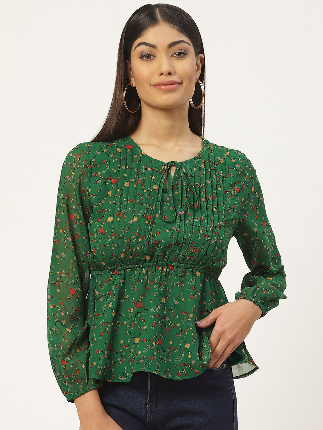 

Slenor Floral Print Tie-Up Neck Georgette Peplum Top, Green