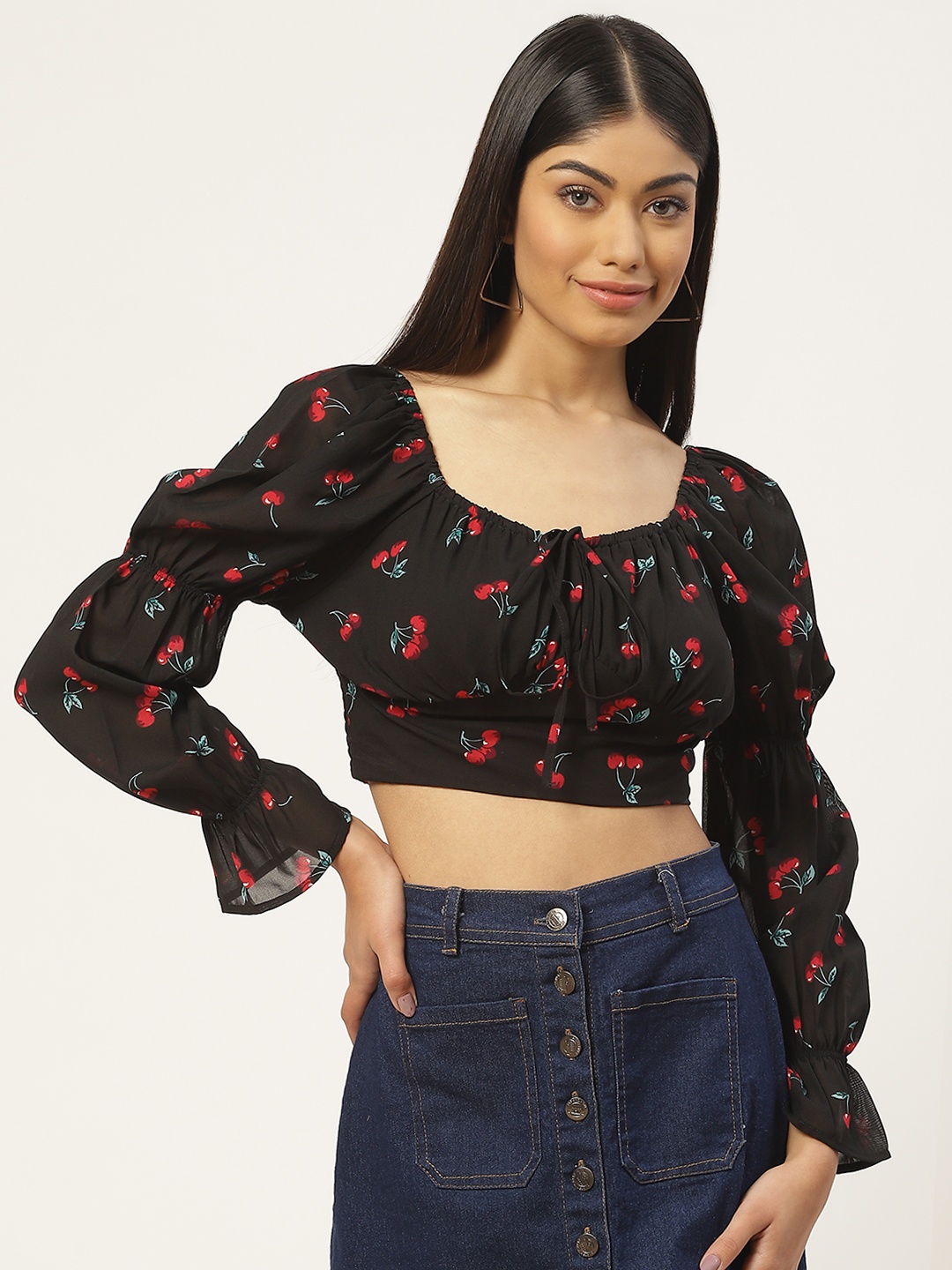 

Slenor Print Tie-Up Neck Smocked Georgette Blouson Crop Top, Black
