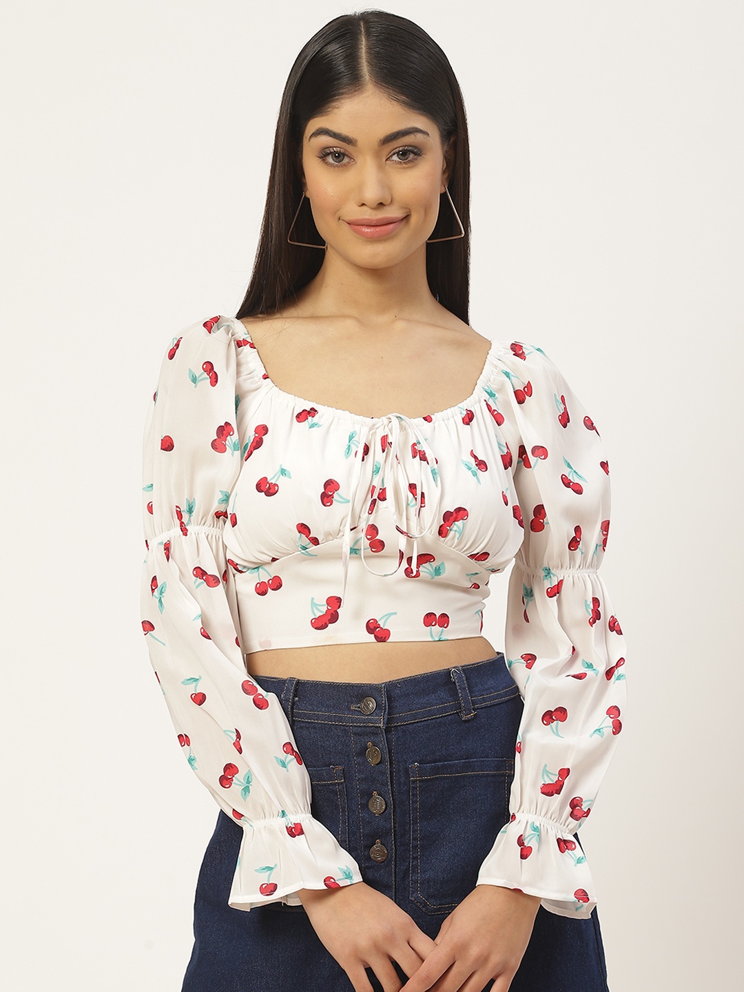 

Slenor Print Tie-Up Neck Smocked Georgette Blouson Crop Top, White