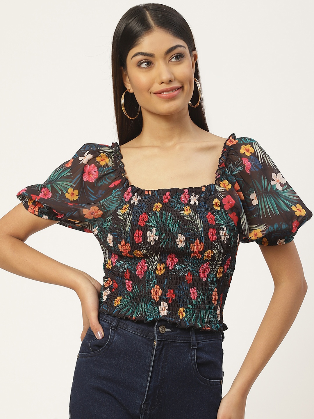 

Slenor Floral Print Smocked Georgette Top, Multi