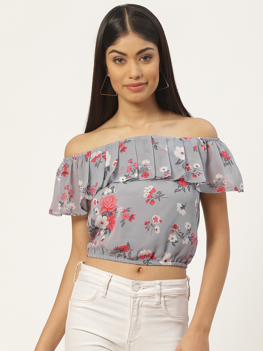 

Slenor Purple Floral Print Off-Shoulder Layered Georgette Blouson Top