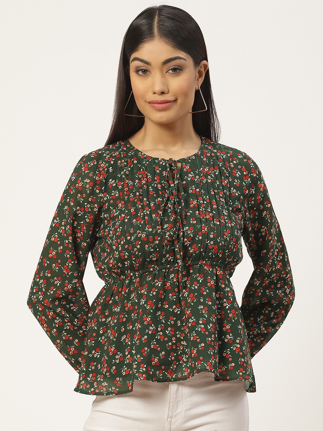 

Slenor Floral Print Tie-Up Neck Georgette Peplum Top, Multi