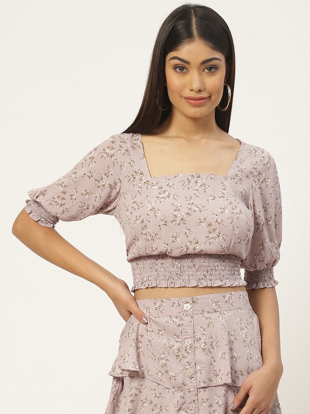 

Slenor Floral Print Smocked Georgette Blouson Top, Multi