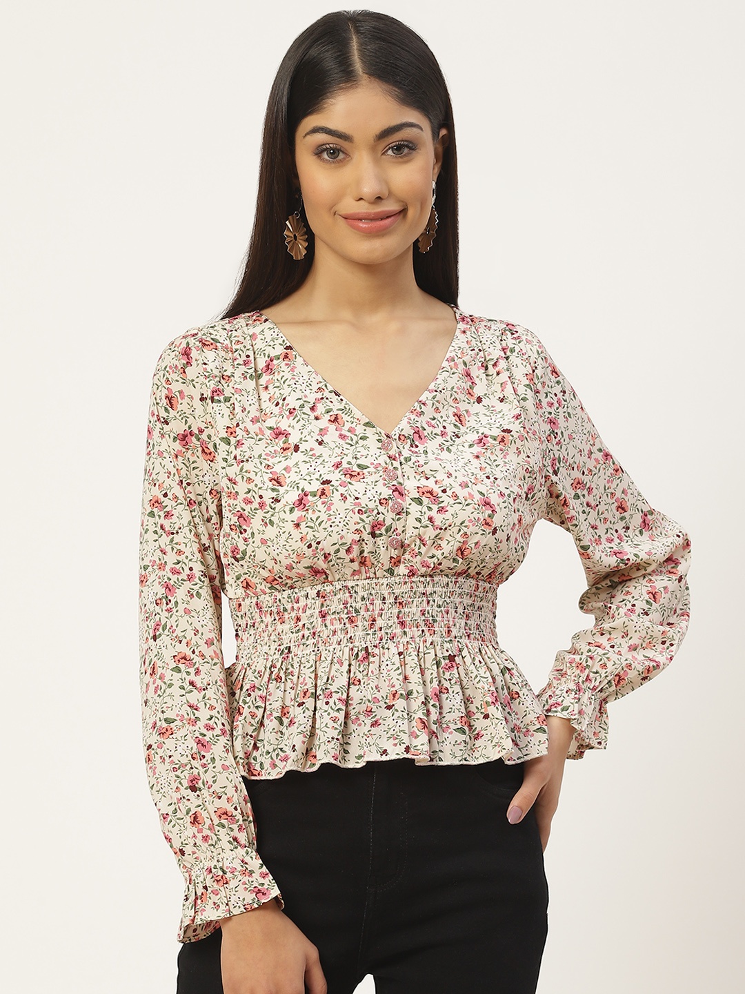 

Slenor Floral Print Smocked Georgette Peplum Top, Multi