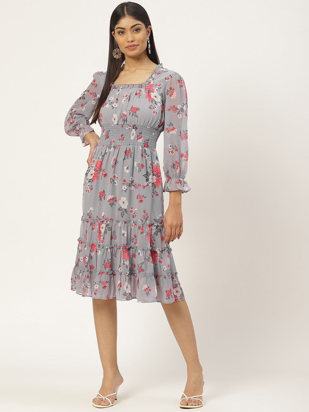 Slenor Floral Georgette A-Line Midi Dress, Purple