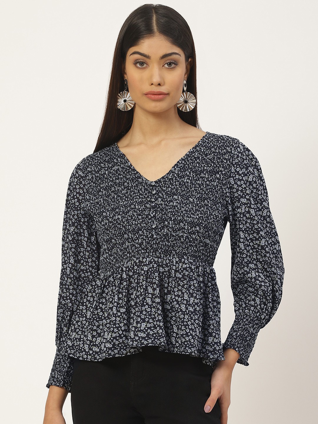 

Slenor Floral Print Smocked Georgette Peplum Top, Multi