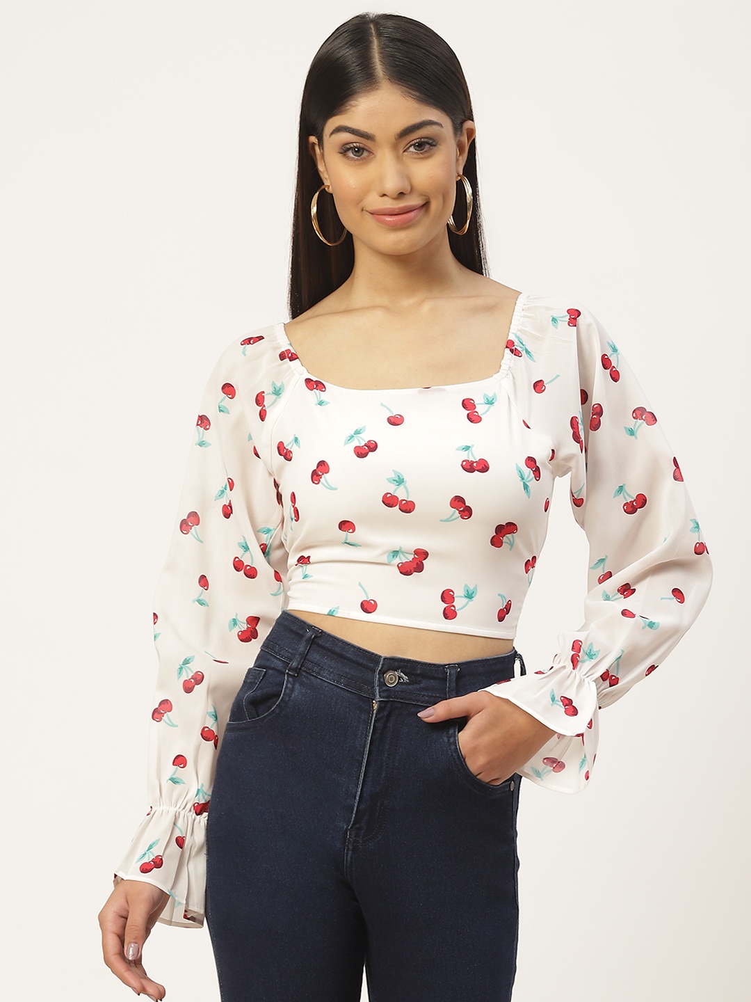 

Slenor Printed Crepe Crop Top, White
