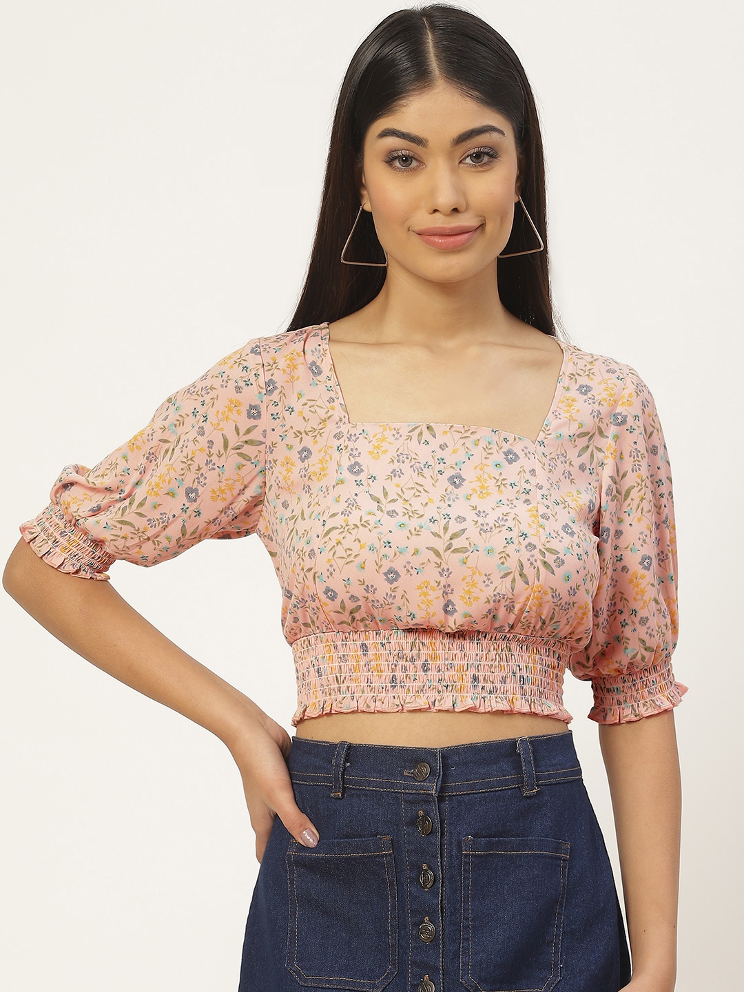 Slenor Floral Print Smocked Georgette Blouson Crop Top, Multi