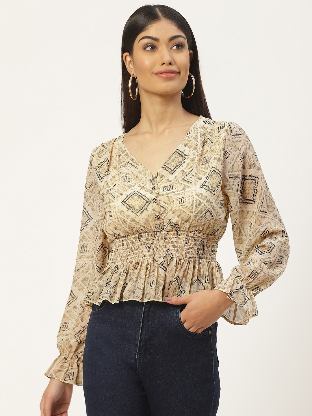 

Slenor Printed Smocked Georgette Peplum Top, Multi