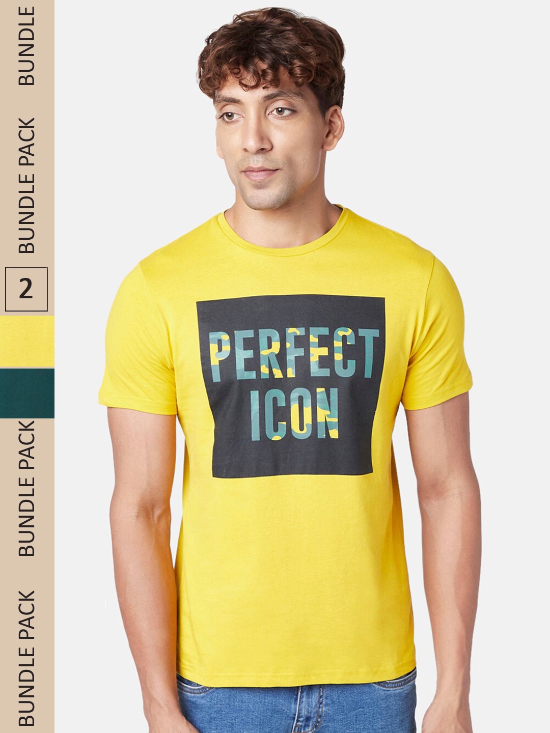 

People Men Pack Of 2 Typography Printed Slim Fit Pure Cotton T-shirt, Green