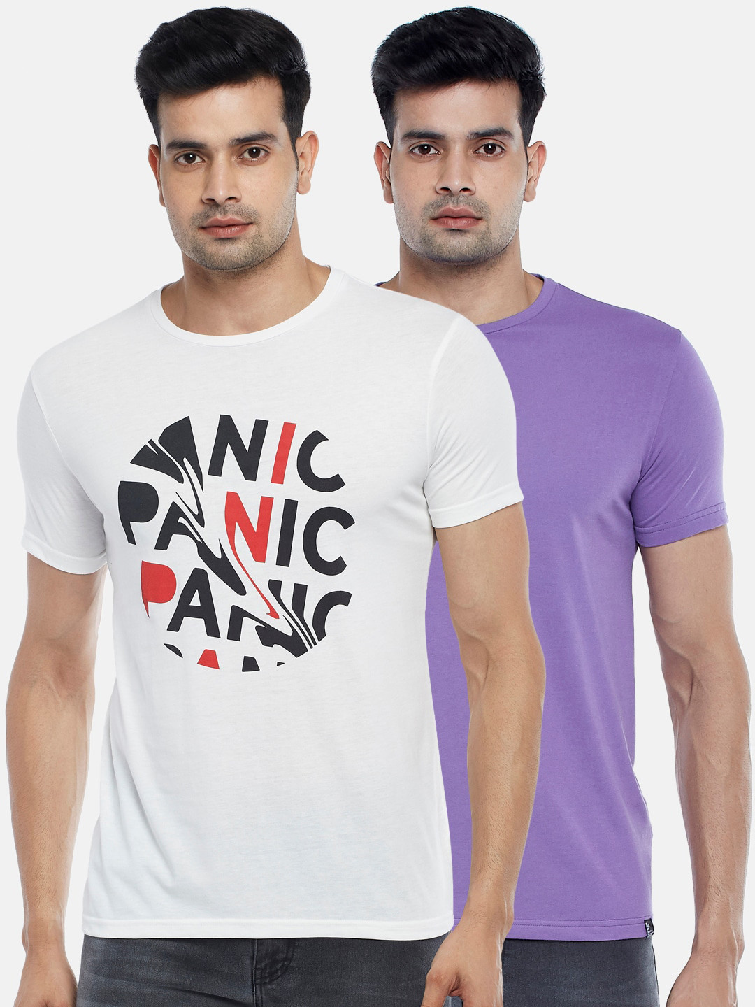 

People Men Pack Of 2 Typography Printed Slim Fit T-shirt, Purple