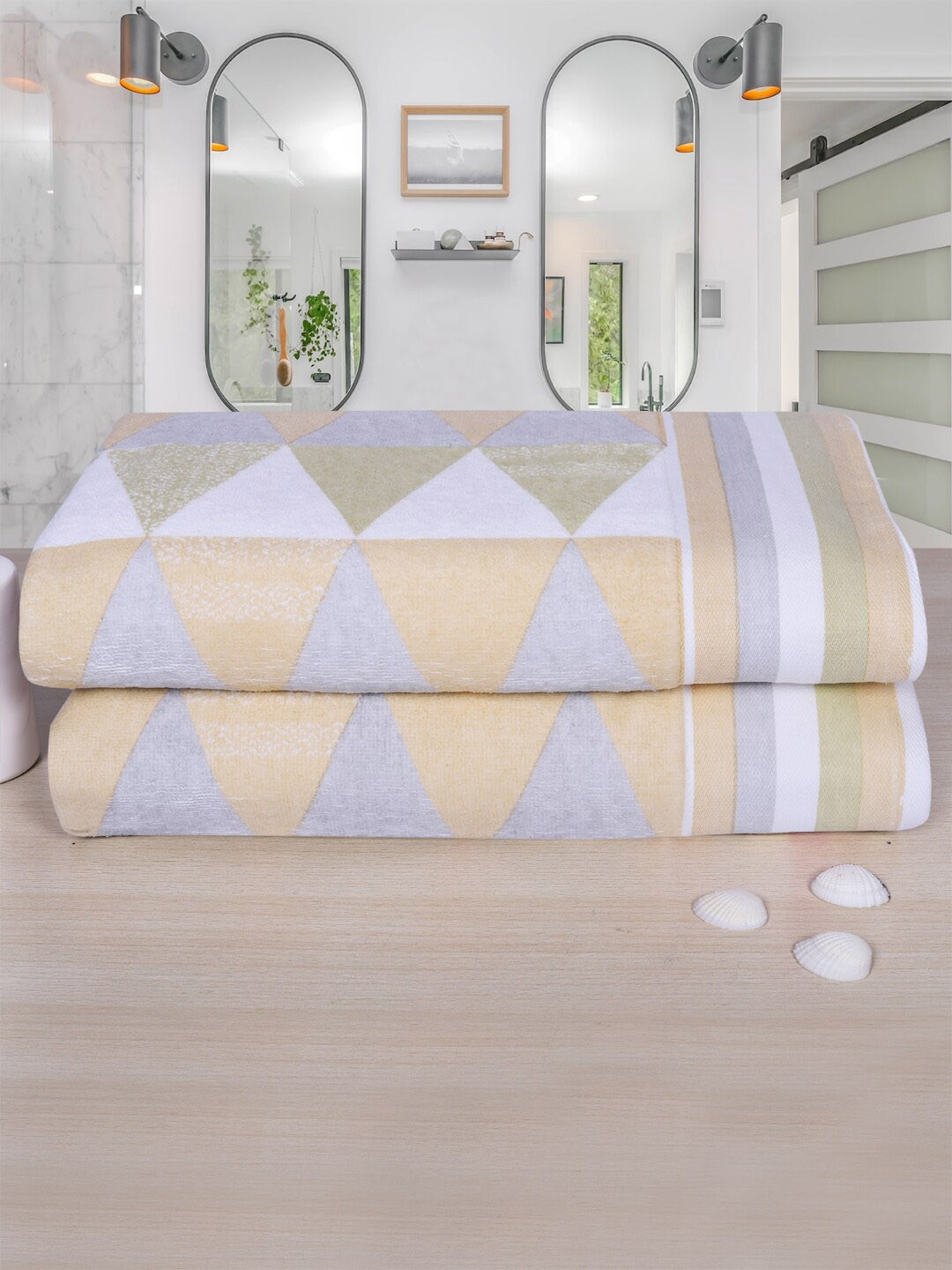 

RANGOLI White & Beige Set Of 2 Printed Pure Cotton 500 GSM Bath Towels