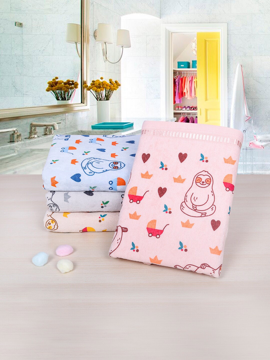 

RANGOLI Kids Pack of 4 Printed 450 GSM Pure Cotton Bath Towels, Pink