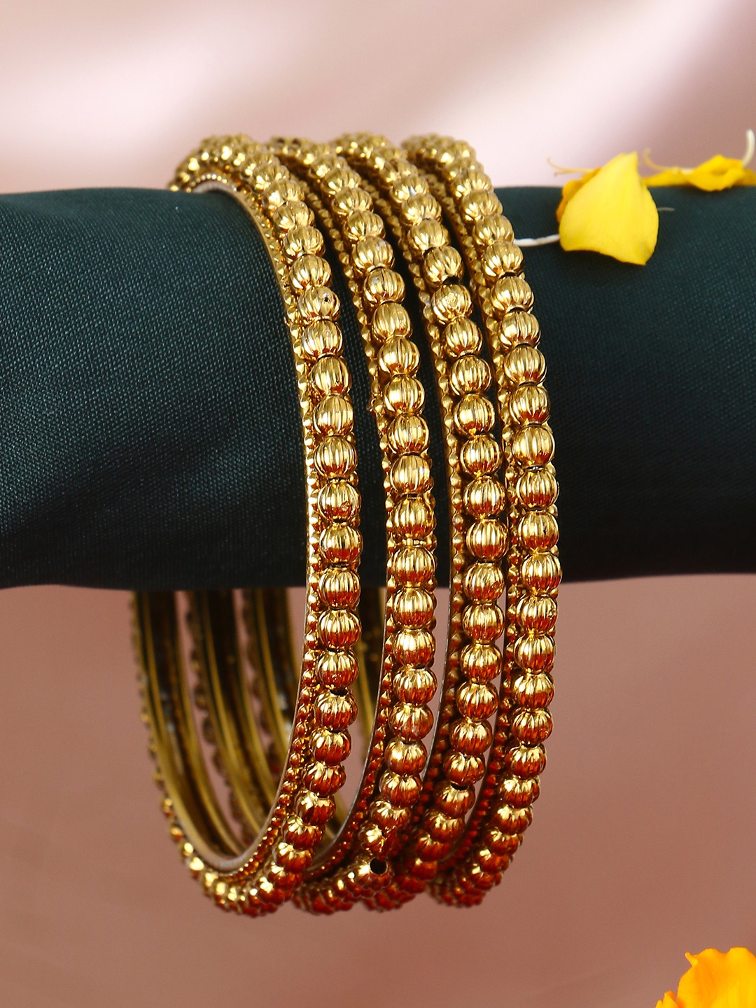 

Adwitiya Set Of 4 Gold-Plated Stone-Studded Pearl Beaded Bangles