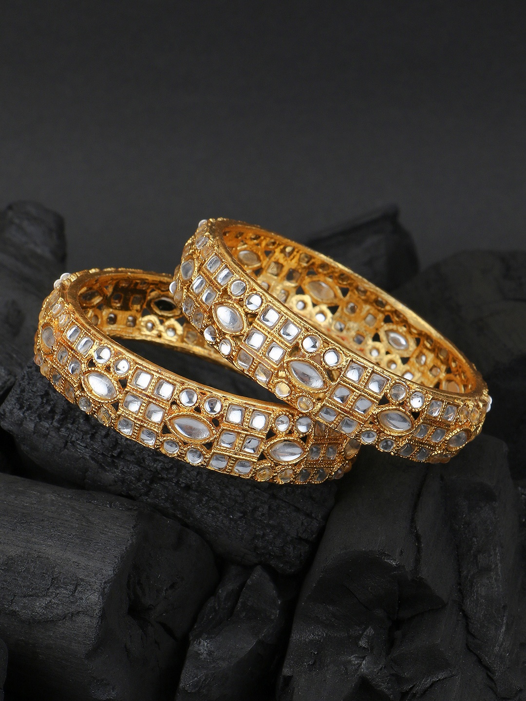 Adwitiya Set Of 2 Gold-Plated Stone-Studded Pearl Beaded Bangles