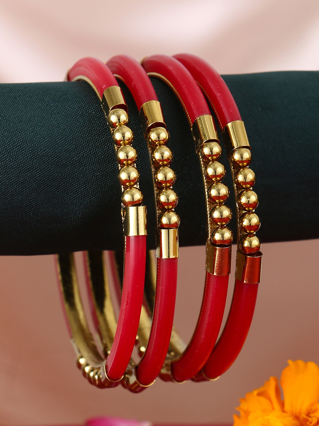 

Adwitiya Set Of 4 Gold-Plated Stone-Studded Pearl Beaded Bangles, Red