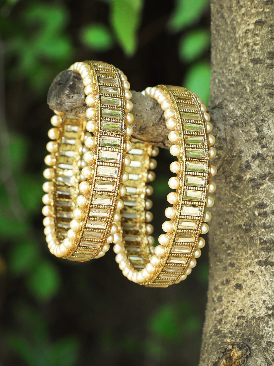 

Adwitiya Set Of 2 Gold-Plated Stone-Studded Pearl Beaded Bangles, White
