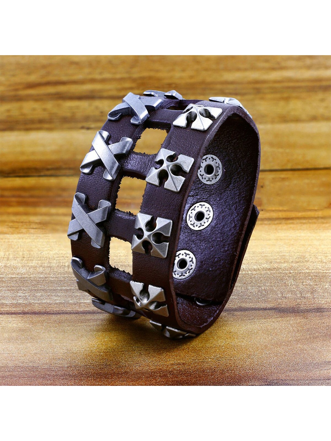

ZIVOM Men Leather Silver-Plated Link Bracelet