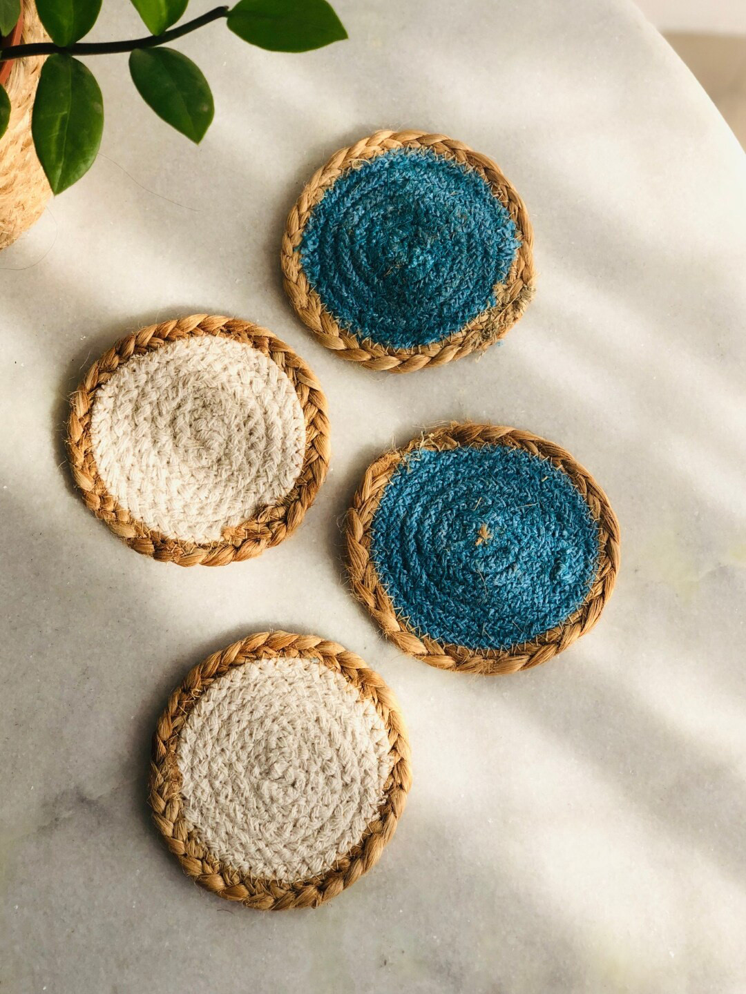 

JASMEY HOMES Green & White Set Of 4 Textured Jute Coasters, Beige