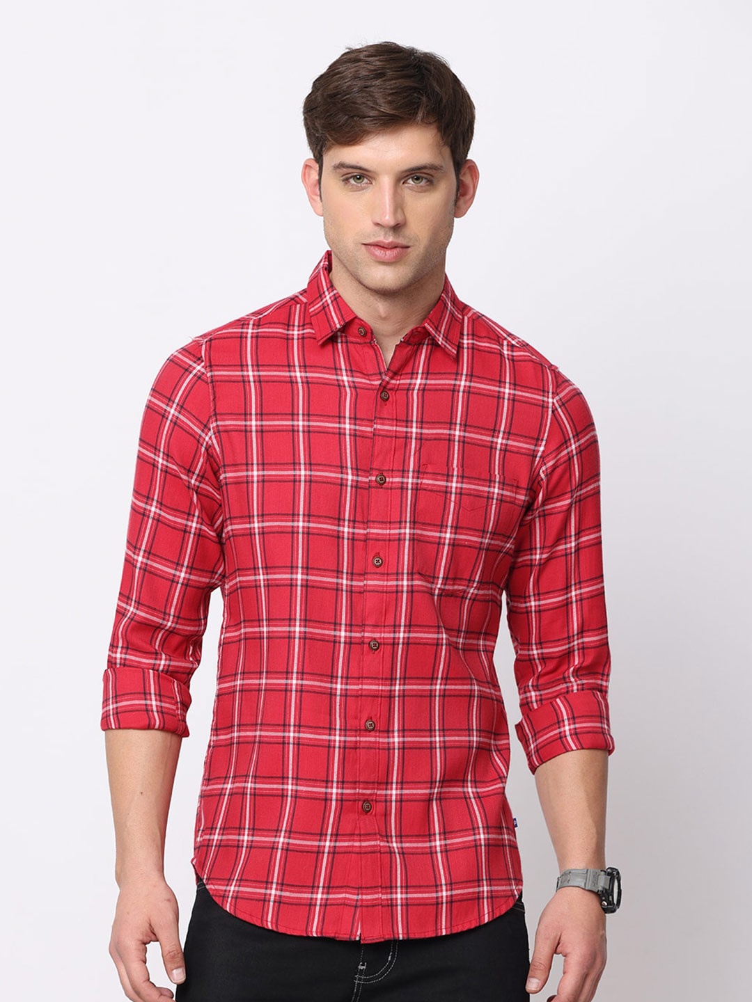 

NIRVAAN Men Slim Fit Tartan Checked Cotton Casual Shirt, Red