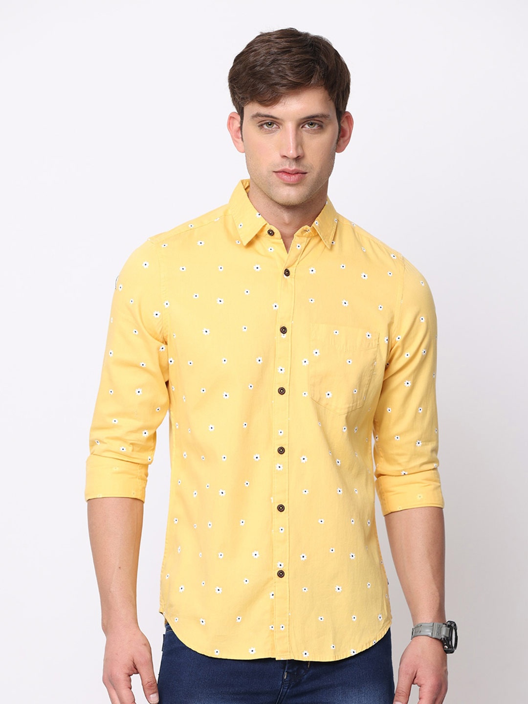 

NIRVAAN Men Slim Fit Floral Printed Cotton Casual Shirt, Yellow