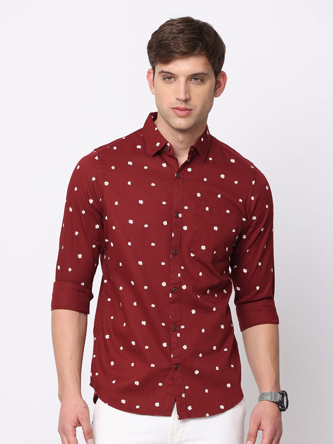 

NIRVAAN Men Pure Cotton Slim Fit Printed Casual Shirt, Maroon