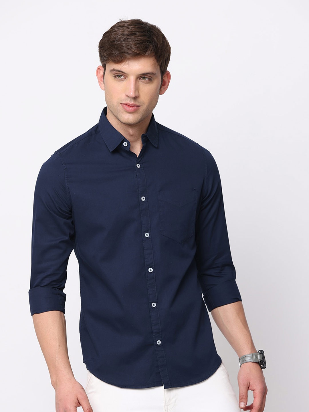 

NIRVAAN Men Slim Fit Pure Cotton Casual Shirt, Navy blue